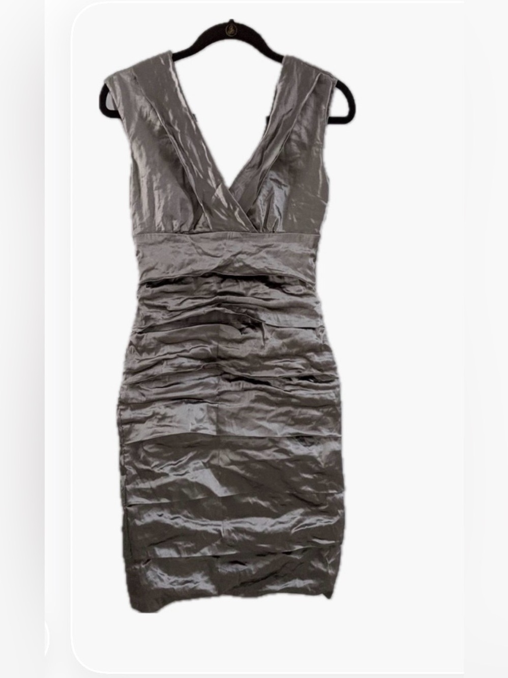 Nicole Miller Gray Ruched V-Neck Cocktail Dress